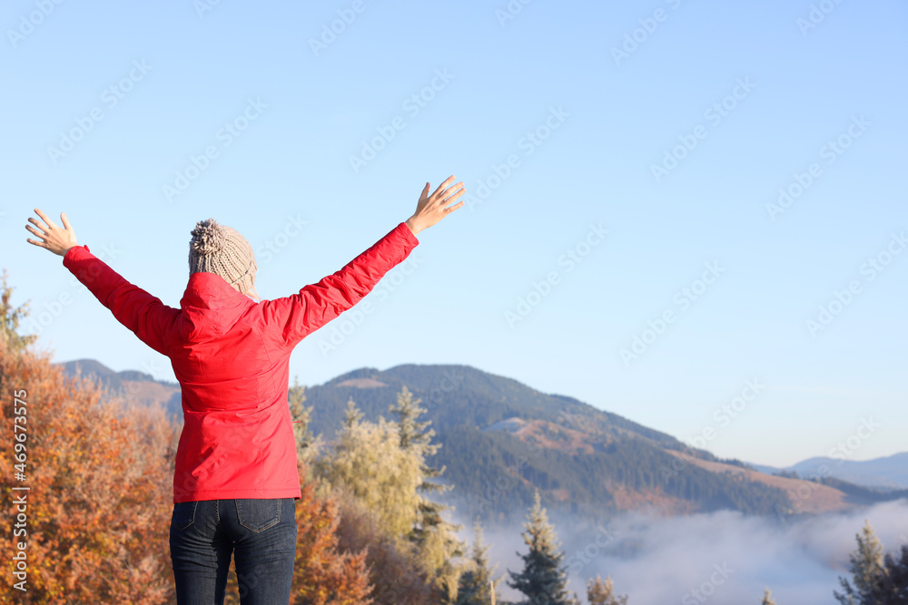 Woman admiring mountain landscape, back view. Freedom concept