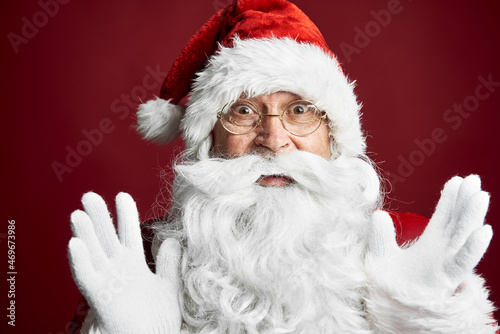 Close up of Santa Claus with shocked face