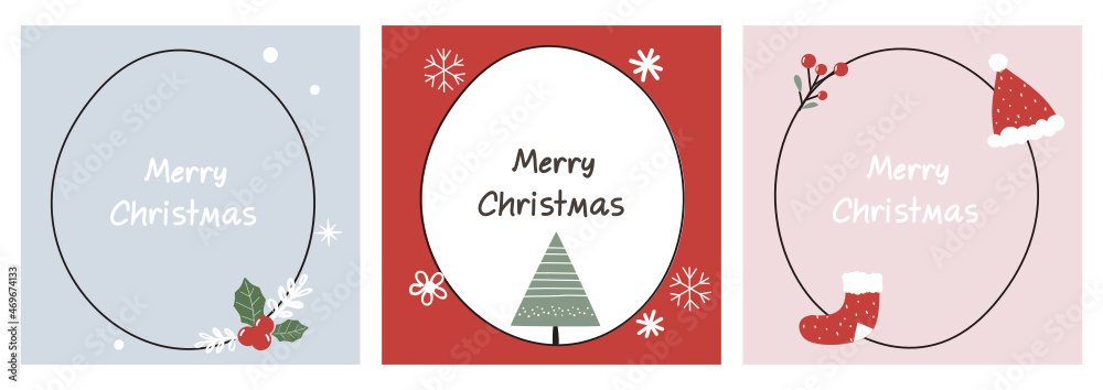 Set of Christmas card or New year backgrounds with snowflakes, holly leaves, sock and Santa hat vector illustration. Set of Christmas card or New year backgrounds with snowflakes, holly leaves, sock and Santa hat vector illustration.