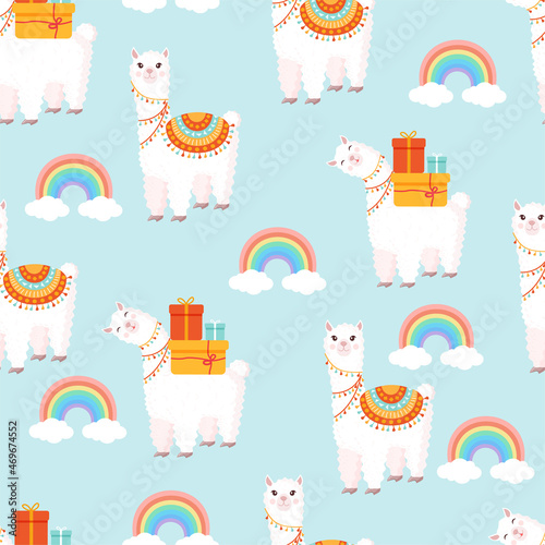 Seamless pattern with funny llamas with gifts, rainbow and clouds on a blue background. Vector illustration for baby texture, textile, fabric, poster, greeting card, decor. Cute alpaca from Peru.