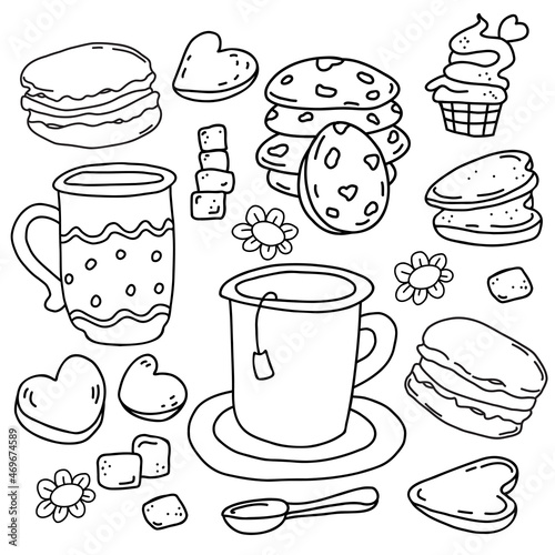 Set of desserts in style of handmade linear doodles. cup of tea, Macaroon cookies, almond and shortbread biscuits, muffin and refined sugar. Vector illustration. isolated outline drawing 