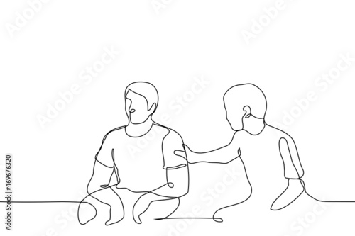 thin man touching biceps of athletic man - one line drawing vector. sports strong body envy concept, athlete body admiration, homosexual attraction to bodybuilders