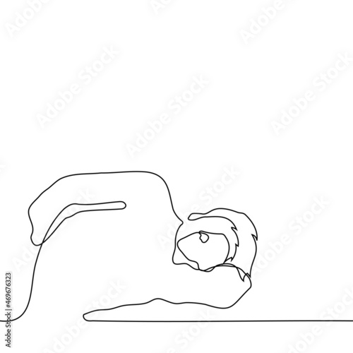 man lies on his side using his hand instead of pillow and looks at the viewer - one line drawing vector. concept of procrastination, laziness, idleness