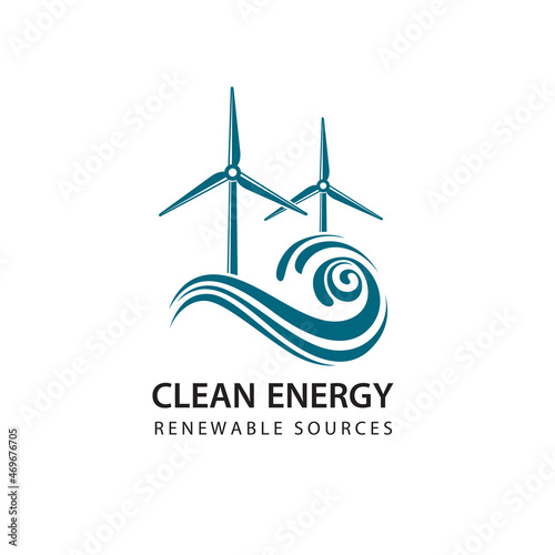 renewable energy icon with wind turbines and sea waves isolated on white background
