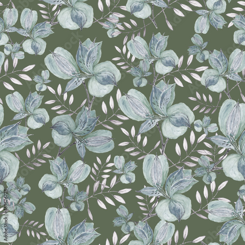 watercolor illustration seamless pattern bright blue Alstroemeria flower with leaves on a dark background for wallpaper or fabric or furniture