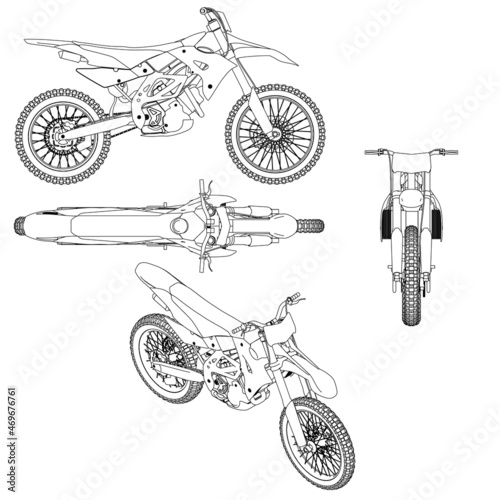 Set with contours of off-road cross motorcycle from black lines isolated on white background. Side, front, top, isometric view. Vector illustration