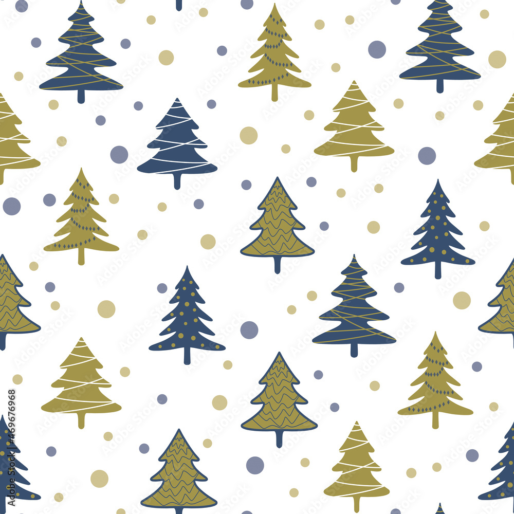 Christmas tree golden and blue simple drawing new year ornament seamless pattern