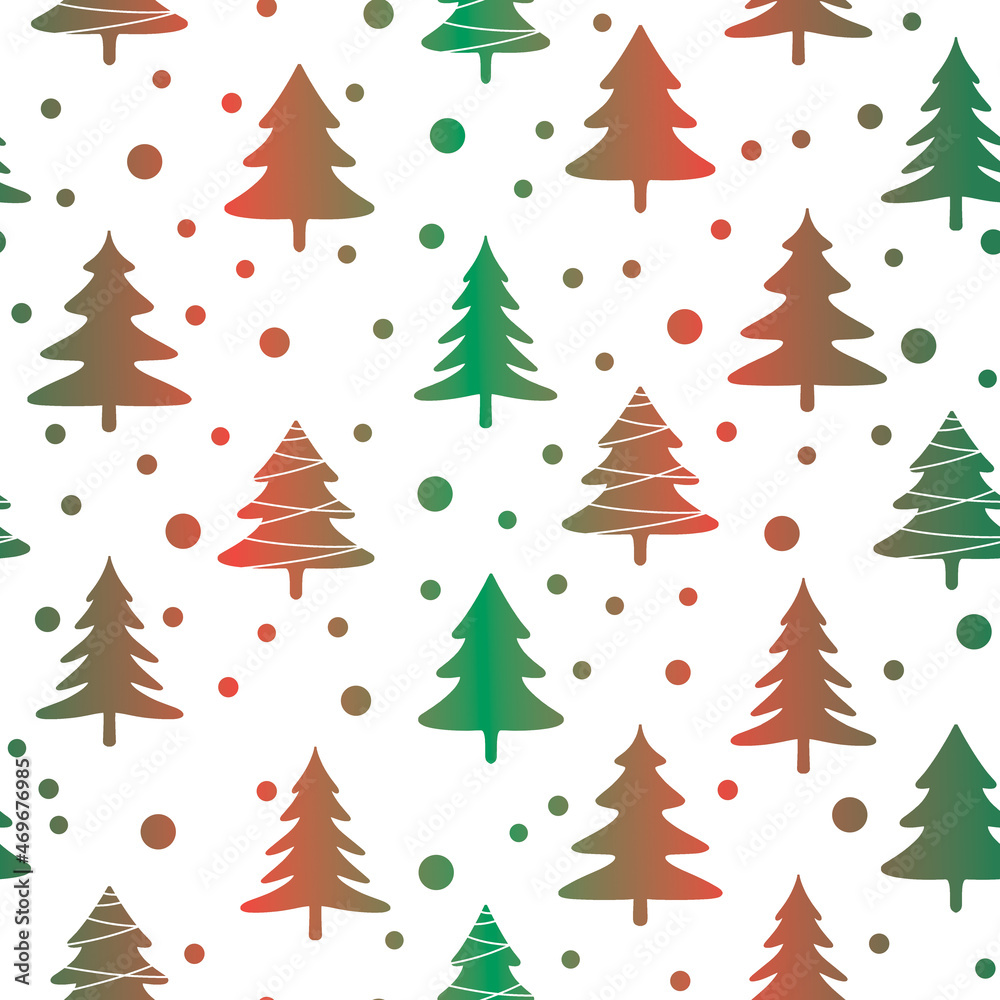 Christmas tree simple multicolor green and red drawing new year ornament seamless pattern