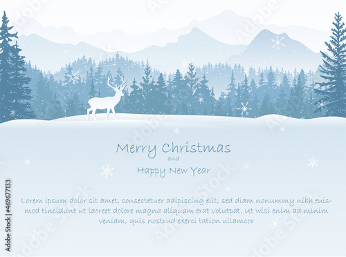 Winter landscape Christmas card. Deer in snow, forest and mountains in the background. Magical misty nature, wildlife. Merry Christmas and Happy New Year. 