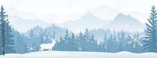Winter landscape Christmas card. Deer in snow, forest and mountains in the background. Magical misty nature, wildlife. Merry Christmas and Happy New Year. 