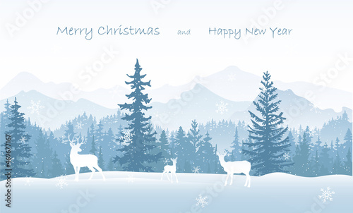 Winter landscape Christmas card. Deer, fawn, doe in snow, forest and mountains in the background. Magical misty nature, wildlife. Merry Christmas and Happy New Year. 
