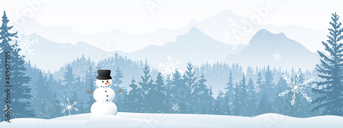 Winter landscape Christmas card. Snowman in snow, forest and mountains in the background. Magical misty nature, snowflake. Merry Christmas and Happy New Year. Horizontal banner.