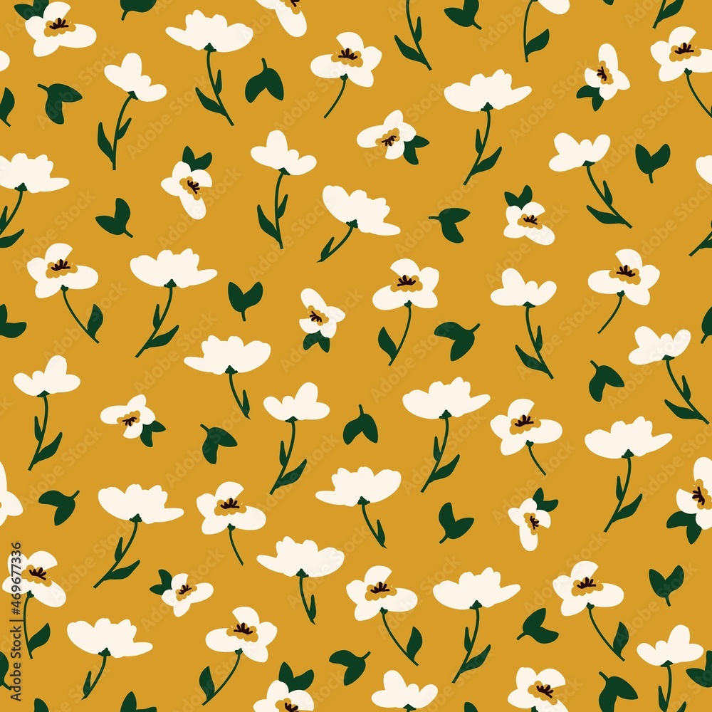 Fashionable seamless vector floral pattern. Seamless print of small white flowers and green leaves. Summer and spring motifs. Yellow gold background. Stock vector illustration.