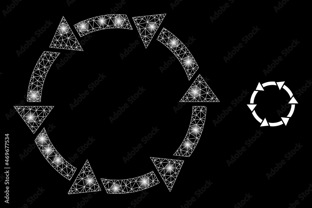 Glossy polygonal mesh web rotate arrows icon with glow effect on a black background. Wire frame rotate arrows iconic vector with shiny points in majestic colors.