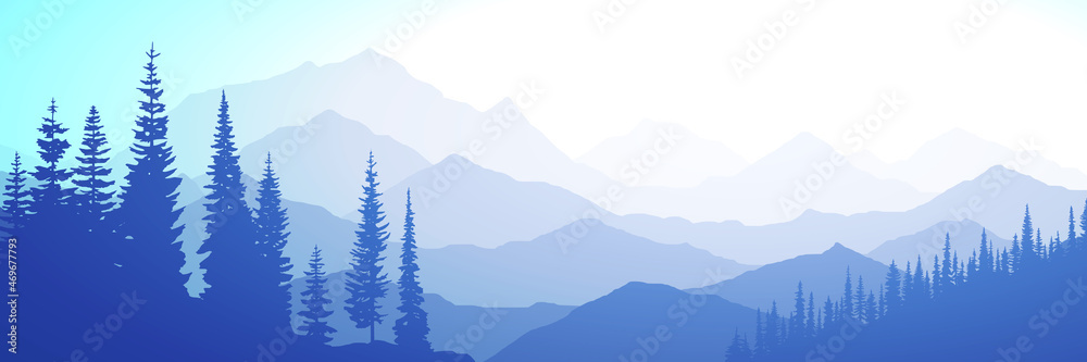 Vector illustration of mountains, ridge in the morning haze, panoramic view	