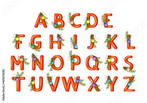Alphabet made of red letters with green Christmas tree branch  ball and bow. Festive font  symbol of Happy New Year and Christmas  sign and figure of different shapes