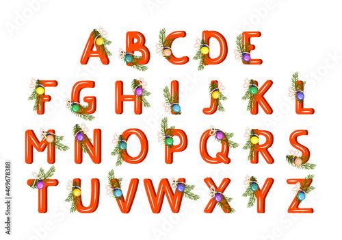 Alphabet made of red letters with green Christmas tree branch, ball and bow. Festive font, symbol of Happy New Year and Christmas, sign and figure of different shapes
