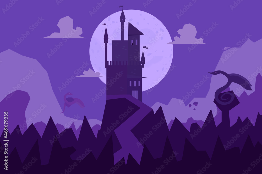 Purple illustration with dark castle and flying dragons, big moon, snakes