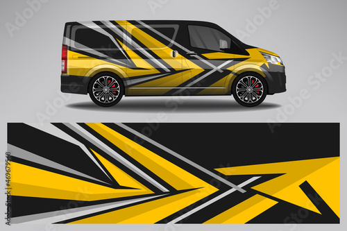 Fototapeta Naklejka Na Ścianę i Meble -  Car wrap design race livery vehicle vector. Graphic abstract stripe racing background kit designs for vehicle, race car, rally, adventure and livery