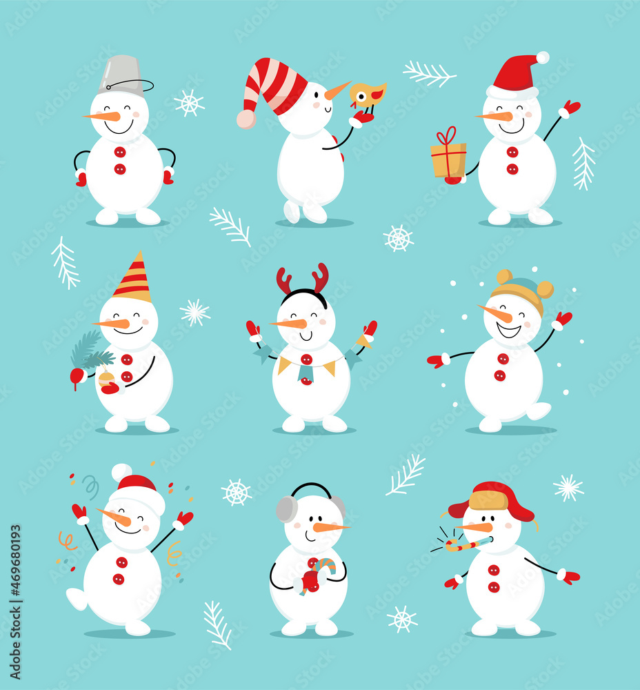 Winter set of cute snowmen. Cheerful snowmen in different costumes. Gift, bird, dance, fun, decoration of a tree branch. Vector flat illustration in cartoon style