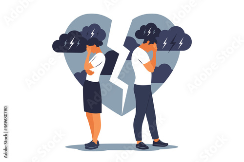 Concept of divorce, misunderstanding in family. Disagreement, relationship troubles. Man and woman in a quarrel. Conflicts between husband and wife. Vector. Flat