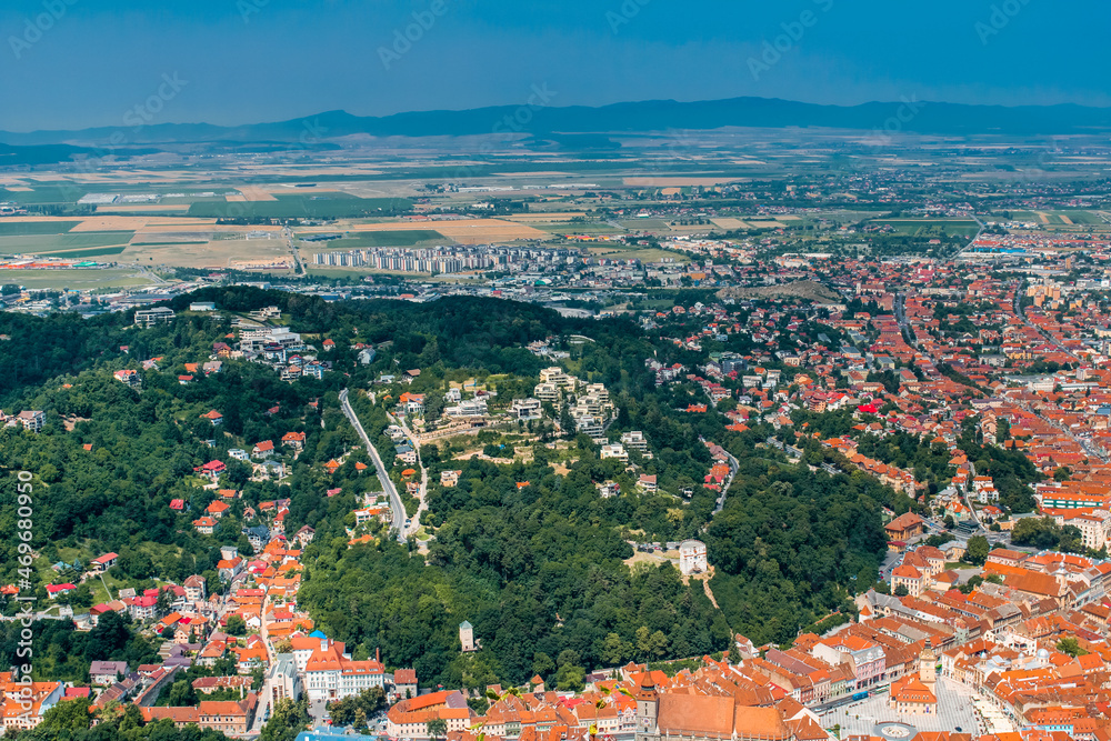 city Brasov aerial view from the mountains, romania

