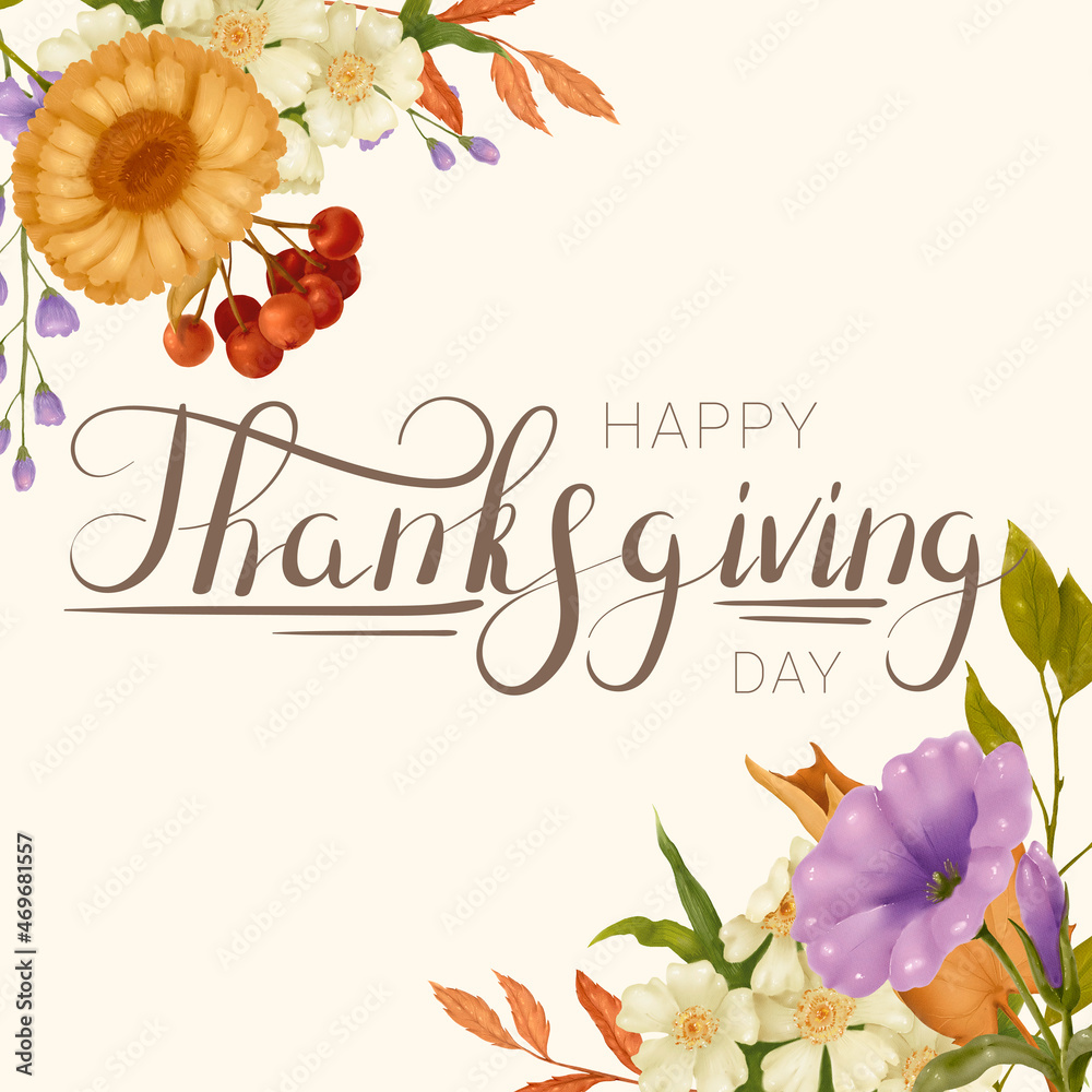 Obraz premium Happy Thanksgiving Day. Card with floral watercolor frame