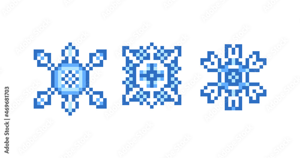 Set of 3 blue pixel art snowflakes isolated on white background. 8 bit weather icons. Decorative winter ornaments.Christmas, New Year symbols, vector clip art.Holiday design elements.2d game graphics. Set of 3 blue pixel art snowflakes isolated on white background. 8 bit weather icons. Decorative winter ornaments.Christmas, New Year symbols, vector clip art.Holiday design elements.2d game graphics.