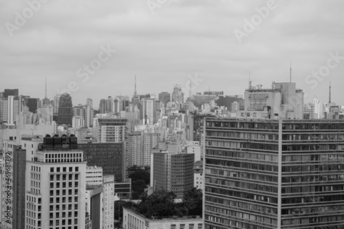 Sao Paulo cityscape  panoramic aerial view. Skyscrapers of big metropolis. Old filter