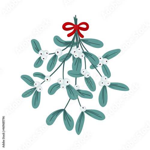 Omela, Holly, Mistletoe bunch with red ribbon, isolated on a white background. Christmas holiday objects collection. Traditional winter set. Happy new year. Xmas vector illustration for greeting card