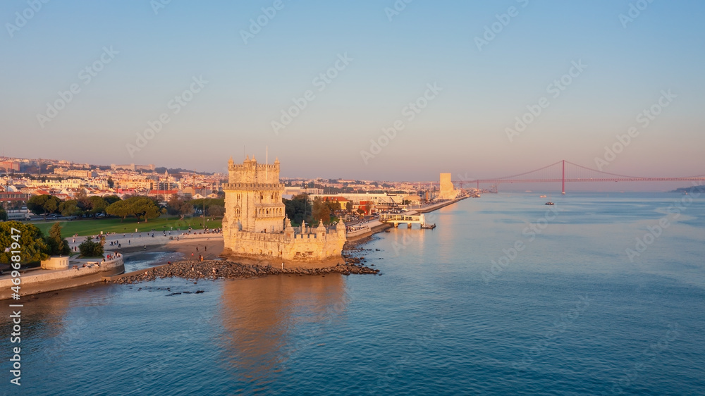 Aerial view of the Portuguese Historical Folk Patrimony, Belem Tower, on the Tagus River. During sunset.