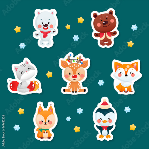 Set of cute cartoon Christmas stickers. Collection of funny animals on a dark background: a deer, a penguin, a fox, a bear, a a polar bear, a squirrel and a kitten. Vector illustration 10 EPS. 