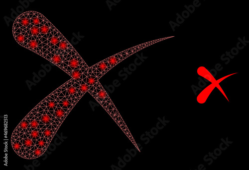 Glossy polygonal mesh net erase icon with glow effect on a black background. Network erase iconic vector with shiny dots in magic colors. Abstraction flat mesh designed with triangles,