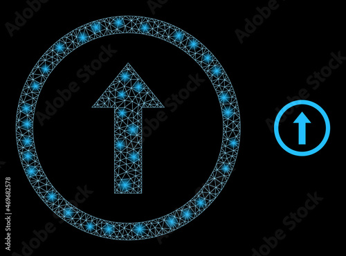 Glossy polygonal mesh web rounded arrow up icon with glow effect on a black background. Carcass rounded arrow up iconic vector with flash spheres in magic colors.