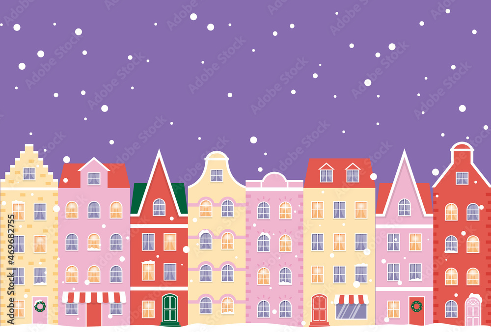 vector background with winter landscape with houses in snow for banners, cards, flyers, social media wallpapers, etc.