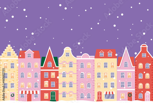 vector background with winter landscape with houses in snow for banners, cards, flyers, social media wallpapers, etc.