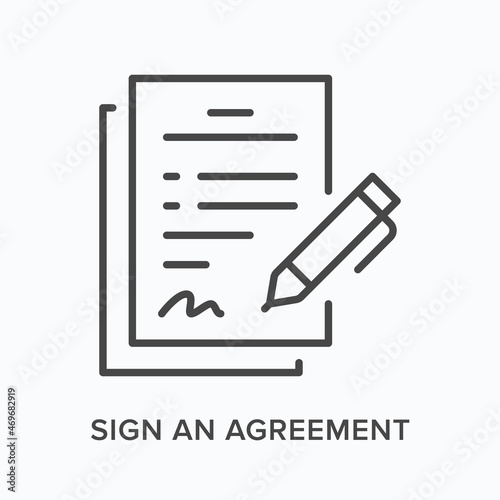 Sing an agreement flat line icon. Vector outline illustration of document and pen. Black thin linear pictogram for paperwork