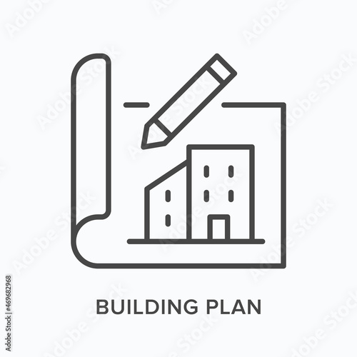 Building plan flat line icon. Vector outline illustration of blueprint scroll. Black thin linear pictogram for architecture document