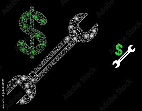 Glossy polygonal mesh web dollar wrench icon with glitter effect on a black background. Wire frame dollar wrench iconic vector with shiny dots in magic colors.