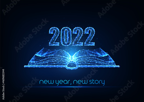 Abstract 2022 Happy New Year concept banner with open book in futuristic glowing polygonal style