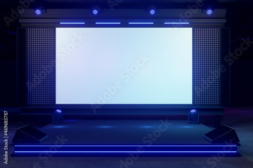 Empty stage Design for mockup and Corporate identity Display.Platform elements in hall.Blank screen system for Graphic Resources.Scene event led night light staging.3d Background for online.3 render.