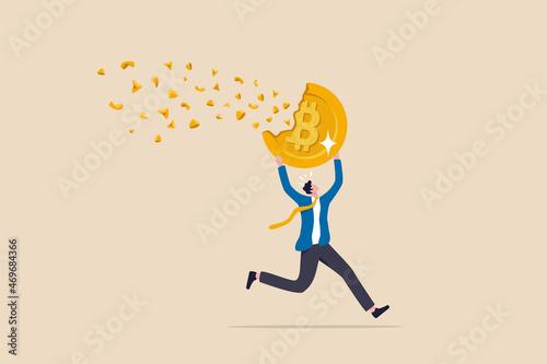 Bitcoin price falling down make investor or trader losing money, crypto value dissolve into dust particle concept, frustrated investor trader running away with his dissolving, crash into dust Bitcoin.
