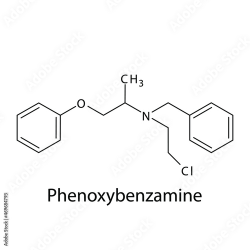 Phenoxybenzamine molecular structure, flat skeletal chemical formula. Alpha blocker drug used to treat pheochromocytoma, hypertension, sweating. Vector illustration.