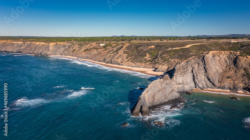 Aerial view of the Portuguese mountain coastline, Vicentina. Aljezur village, beach Vale dos Homens. Sagres