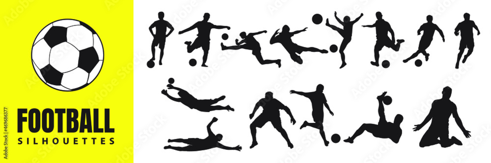Football Vector Elements. Soccer Players silhouettes. Midfielders, Defenders, Goalkeepers and Strikers isolated on white background.