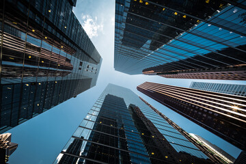 Looking up at high rise office building architecture against blue sky in the financial district of a modern metropolis, business and finance concept.	