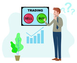 Negative and positive trades. Market trader analyzing diagrams. Stock market signals. Trading vector illustration. Isolated vector.