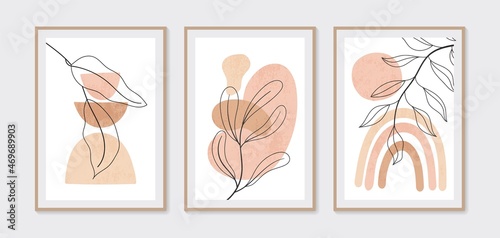 Botanical wall art vector set. Minimal and natural wall art. Boho foliage line art drawing with abstract shape. Abstract Plant Art design for print, wallpaper, cover. Modern vector illustration.