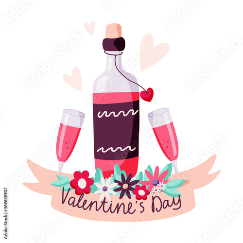 Wine bottle and glasses with a drink. Valentine's Day concept. Vector hand drawn illustration.