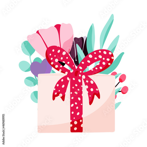 Gift box with bow isolated on floral background. Festive concept with a present. Vector hand drawn illustration